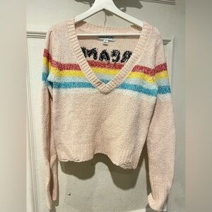 Wildfox dreamer Pastel Pink V-Neck Sweater with Red, Yellow & Blue Stripes